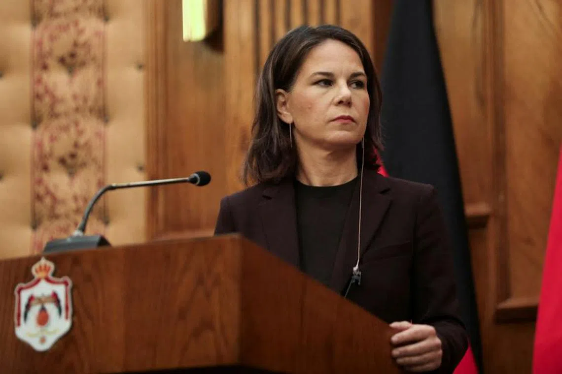 FILE PHOTO: German Foreign Minister Annalena Baerbock looks on during a news conference while on a visit to Amman, Jordan. October 19, 2023. REUTERS/Alaa Al Sukhni/File Photo