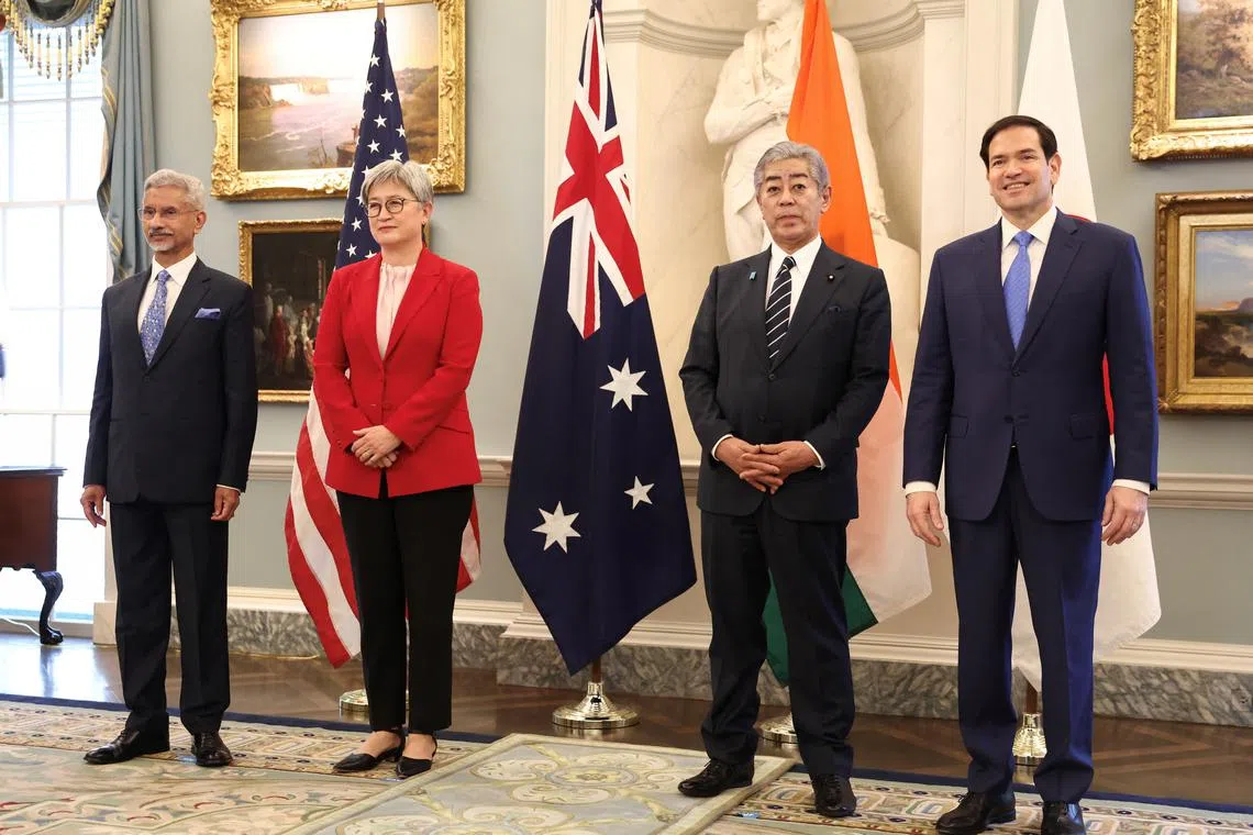 Indian External Affairs Minister Subrahmanyam Jaishankar, Australia’s Foreign Minister Penny Wong, Japanese Foreign Minister Takeshi Iwaya and U.S. Secretary of State Marco Rubio stand together at the start of their meeting of the Indo-Pacific Quad at the State Department in Washington, D.C., U.S., July 1, 2025. REUTERS/Kevin Lamarque