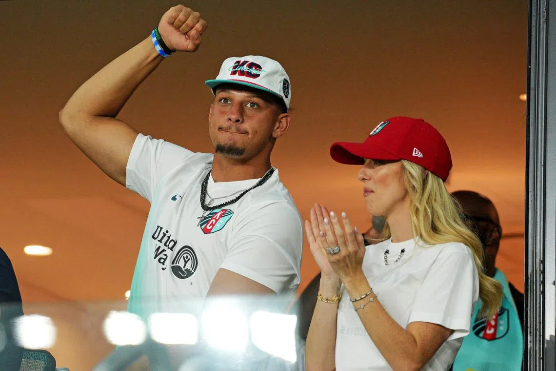 Aug 17, 2024; Kansas City, MO, USA; Patrick Mahomes and Brittany Mahomes cheer during the game between the Kansas City Current and Atletico De Madrid during The Women’s Cup at CPKC Stadium. Mandatory Credit: Jay Biggerstaff-USA TODAY Sports/File Photo