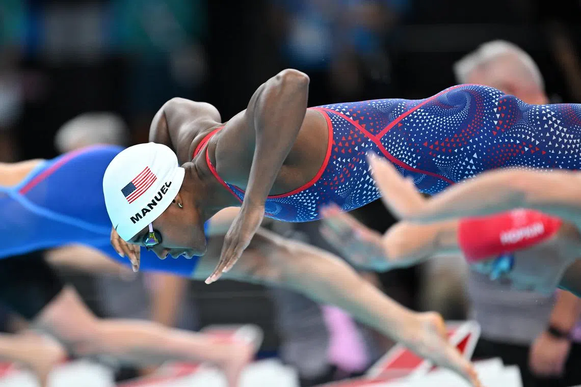 Simone Manuel, in the Paris Olympics women's 50m freestyle heats on Aug 3, 2024, is one of just two black swimmers in the United States team.
