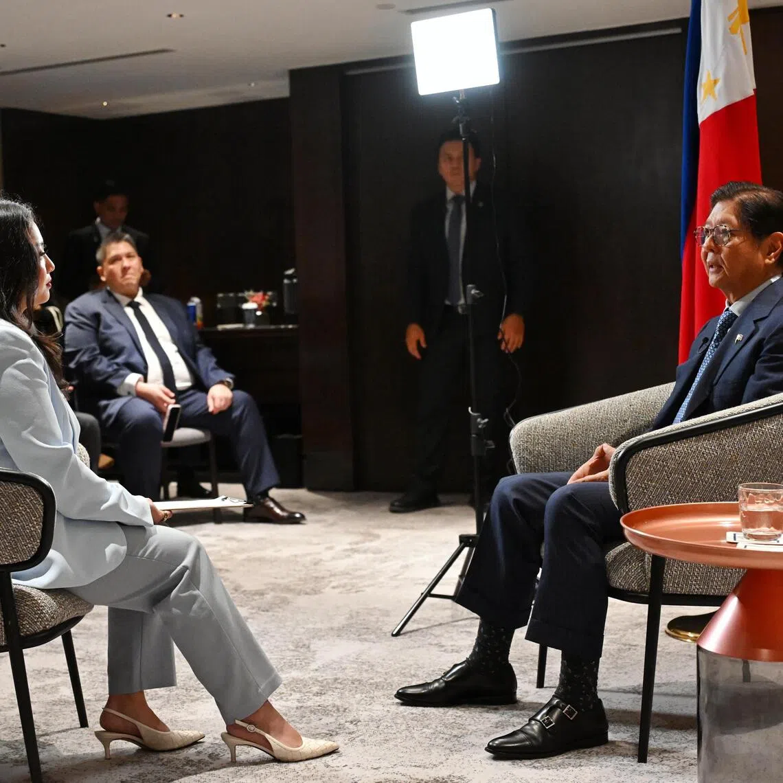 Philippine President Ferdinand Marcos Jr speaking with The Straits Times PhilippineS Correspondent Mara Cepeda at the Hilton Orchard hotel on Oct 8.