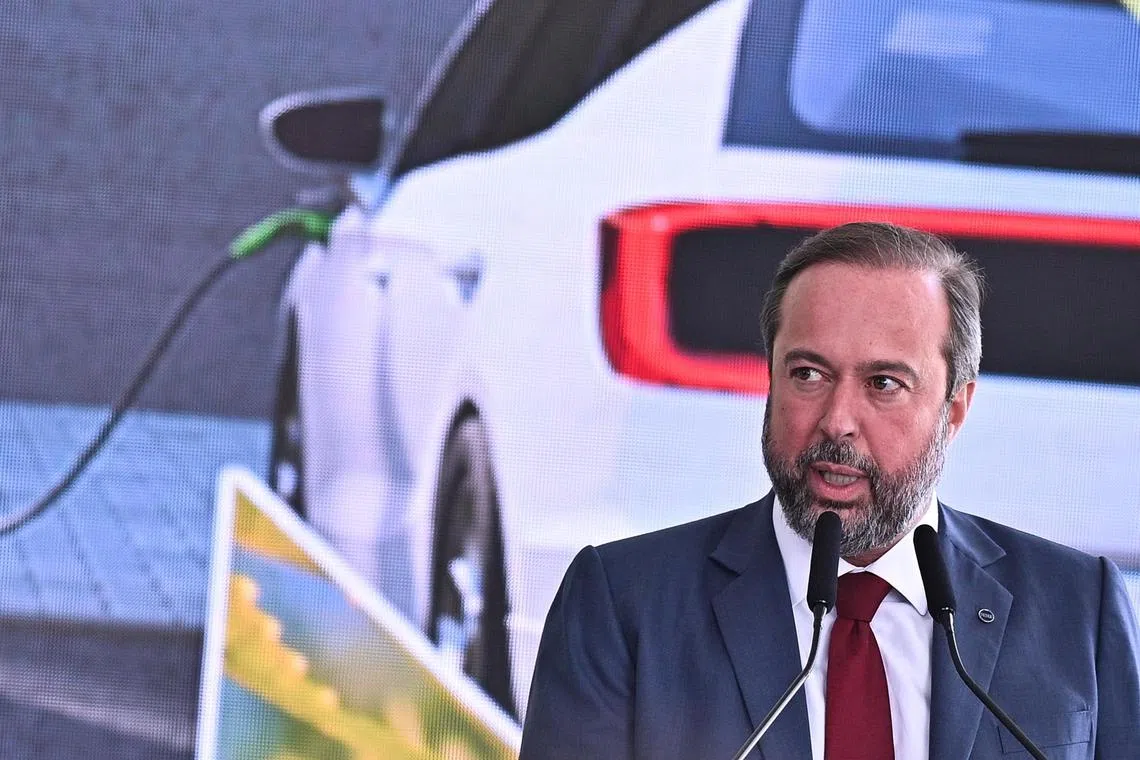epa10860901 Brazil's Minister of Mines and Energy, Alexandre Silveira, speaks during the signing ceremony of the Fuel for the Future program bill, at the Planalto Palace in Brasilia, Brazil, 14 September 2023. The Future Fuel is aimed to reduce greenhouse gas emissions and promote the use of cleaner fuels, it will increase the share of Ethanol in gasoline blends.  EPA-EFE/Andre Borges