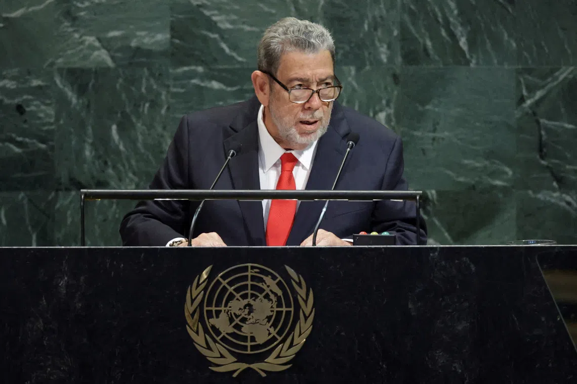 FILE PHOTO: Ralph E. Gonsalves, Prime Minister and Minister for National Security, Legal Affairs and Information of Saint Vincent and the Grenadines addresses the 80th United Nations General Assembly (UNGA) at U.N. headquarters in New York City, U.S., September 26, 2025. REUTERS/Jeenah Moon/File Photo