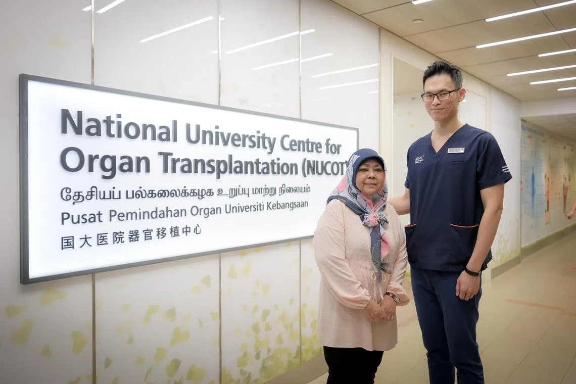 Assistant Professor Benjamin Goh (right), a consultant with NUH’s National University Centre for Organ Transplantation’s adult kidney transplantation programme, and his patient Sapiah Isnin.