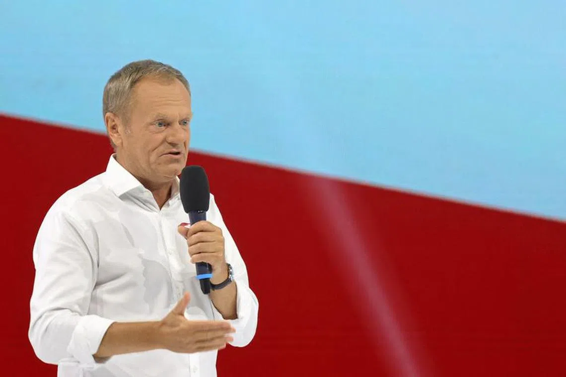 FILE PHOTO: Leader of Poland's main opposition party Civic Platform (PO) Donald Tusk delivers his speech during the Civic Platform party convention in Tarnow, Poland September 9, 2023. Jakub Porzycki/Agencja Wyborcza.pl via REUTERS/File Photo