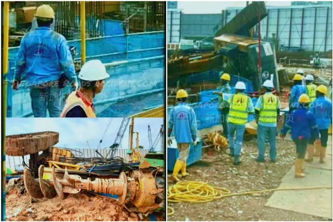 Images circulating on social media show the large machine lying on its side, with construction workers surrounding it.