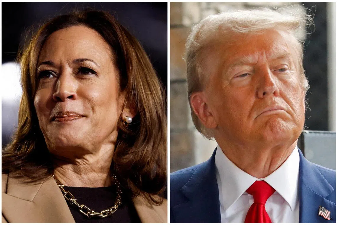 Polls show what is essentially a dead heat between Trump (right) and Ms Harris (left).