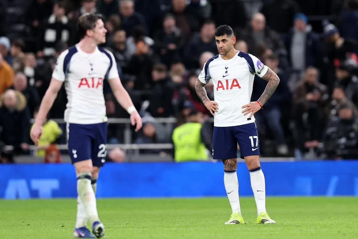 Soccer Football - Premier League - Tottenham Hotspur v Manchester City - Tottenham Hotspur Stadium, London, Britain - February 1, 2026 Tottenham Hotspur's Cristian Romero reacts after Manchester City's Antoine Semenyo scored their second goal REUTERS/David Klein