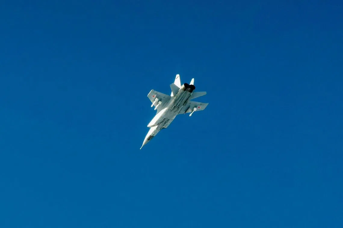This Sept 19, 2025 hand out image released by the Swedish Airforce shows a Russian MIG-31 fighter jet flying above the Baltic sea after violating Estonian air space. 