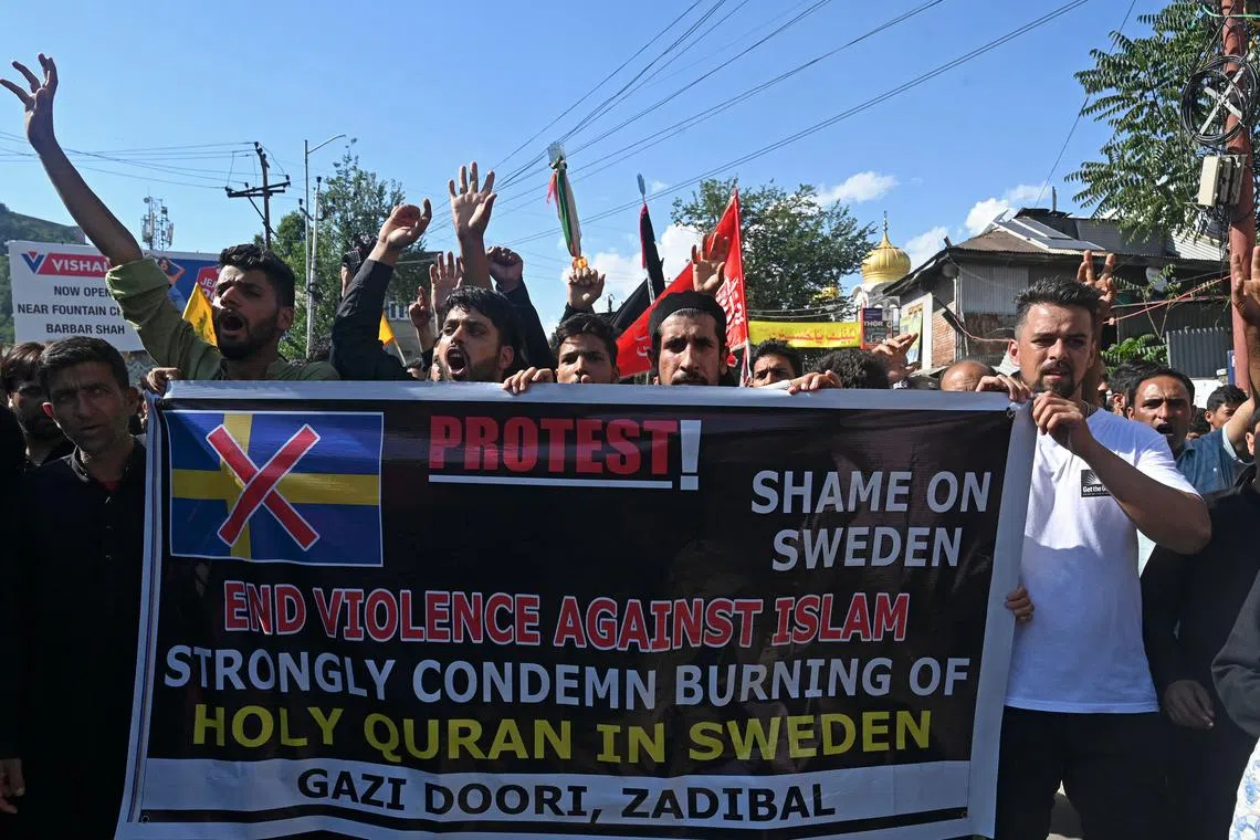 Kashmiri Shiite Muslims protest denouncing the burning of the Quran in Sweden.