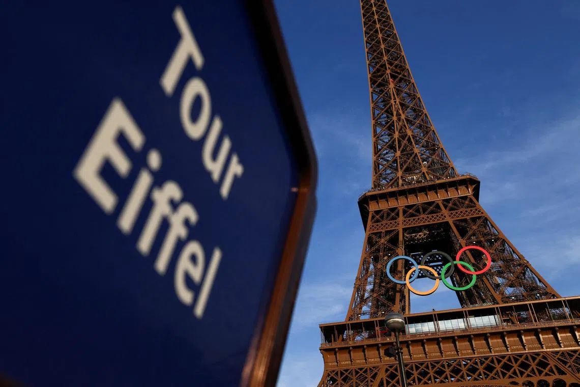 The giant logo was a popular backdrop for selfies by visitors to Paris during the July 28-August 11 Olympic Games.
