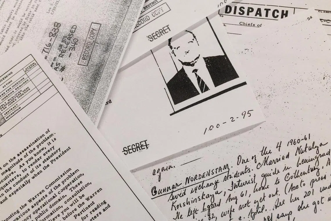 Documents related to the 1963 assassination of President John F. Kennedy displayed after they were released following an order from US President Donald Trump.