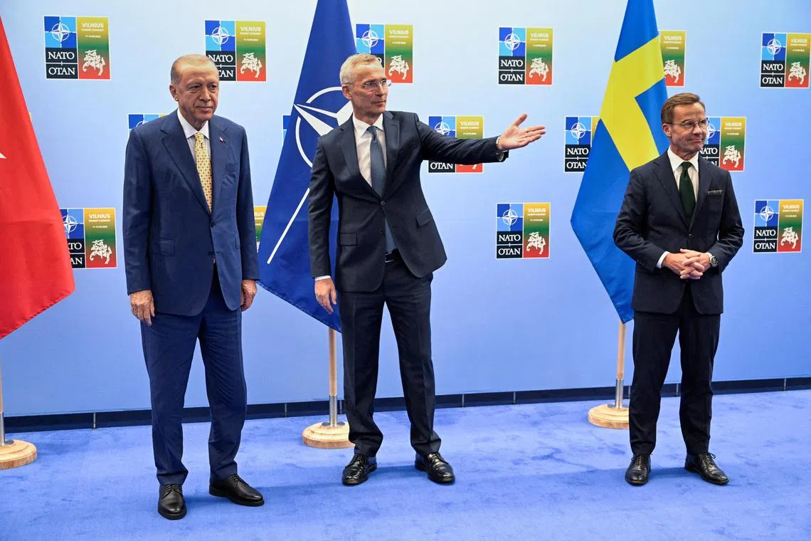 (From left) Turkish President Tayyip Erdogan, Nato Secretary-General Jens Stoltenberg and Swedish Prime Minister Ulf Kristersson attending a Nato summit in Vilnius, in July 2023.