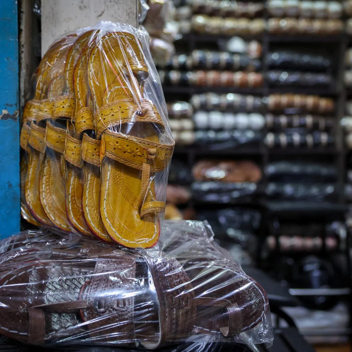 'Kolhapuri' sandals, an Indian ethnic footwear, are on display at a store in New Delhi.