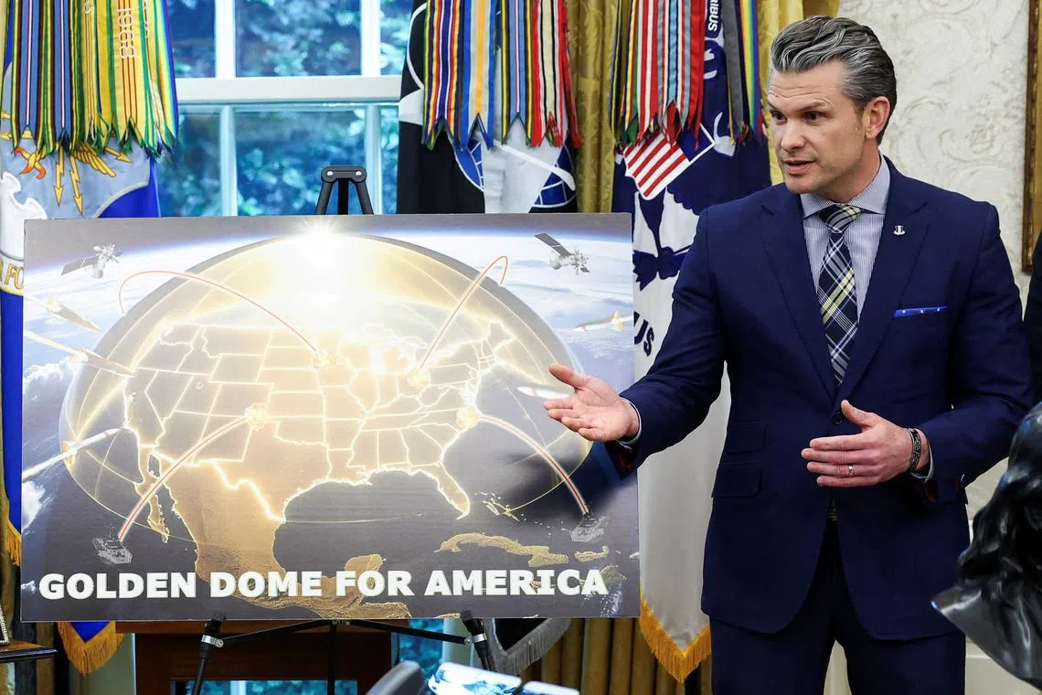 FILE PHOTO: U.S. Defense Secretary Pete Hegseth speaks about the Golden Dome missile defense shield, in the Oval Office of the White House in Washington, D.C., U.S., May 20, 2025. REUTERS/Kevin Lamarque/File Photo