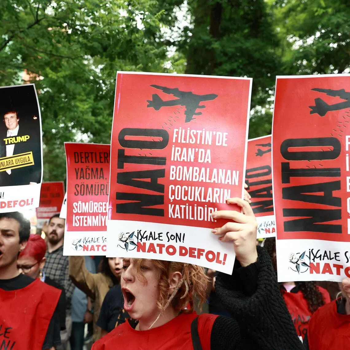 Demonstrators shouting slogans during a protest against the upcoming NATO summit in Ankara, Turkey, on June 13, 2026.