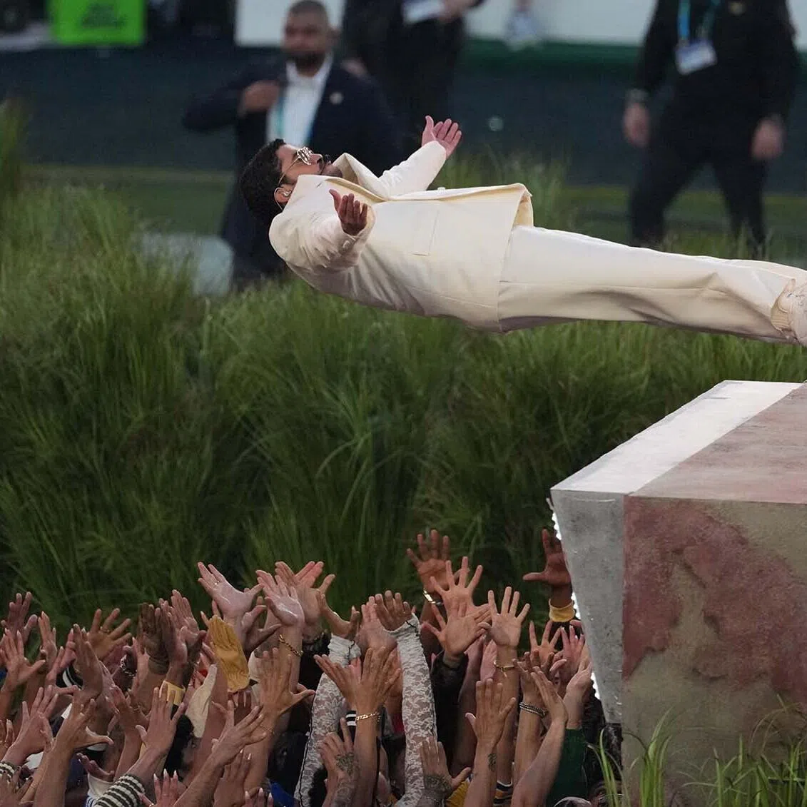 Recording artist Bad Bunny performing at halftime of Super Bowl LX between the New England Patriots and the Seattle Seahawks at Levi's Stadium, Santa Clara, California, US, on Feb 8, 2026.
