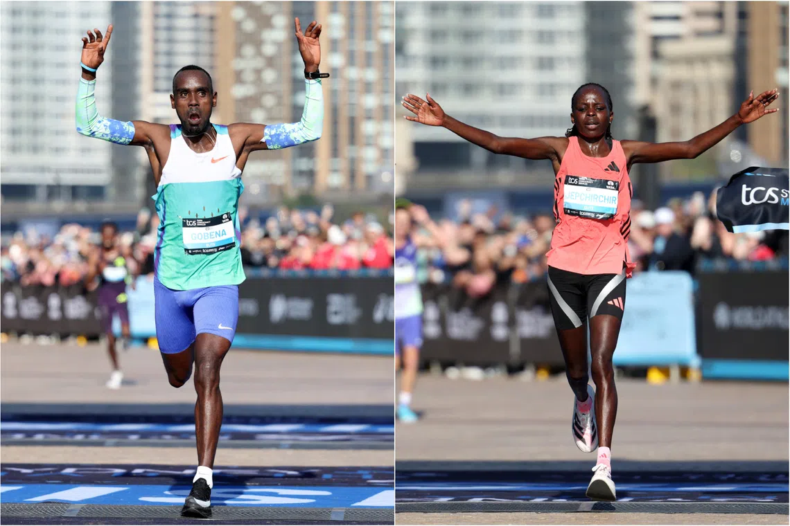 Ethiopia’s Addisu Gobena (left) and Kenya’s Peres Jepchirchir won the men’s and women’s races respectively at the Sydney Marathon on Aug 30.