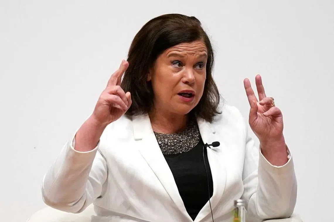 FILE PHOTO: Sinn Fein Party leader Mary Lou McDonald attending the three-day international conference at Queen's University Belfast to mark the 25th anniversary of the Belfast/Good Friday Agreement. Picture date: Tuesday April 18, 2023. Niall Carson/Pool via REUTERS/File Photo