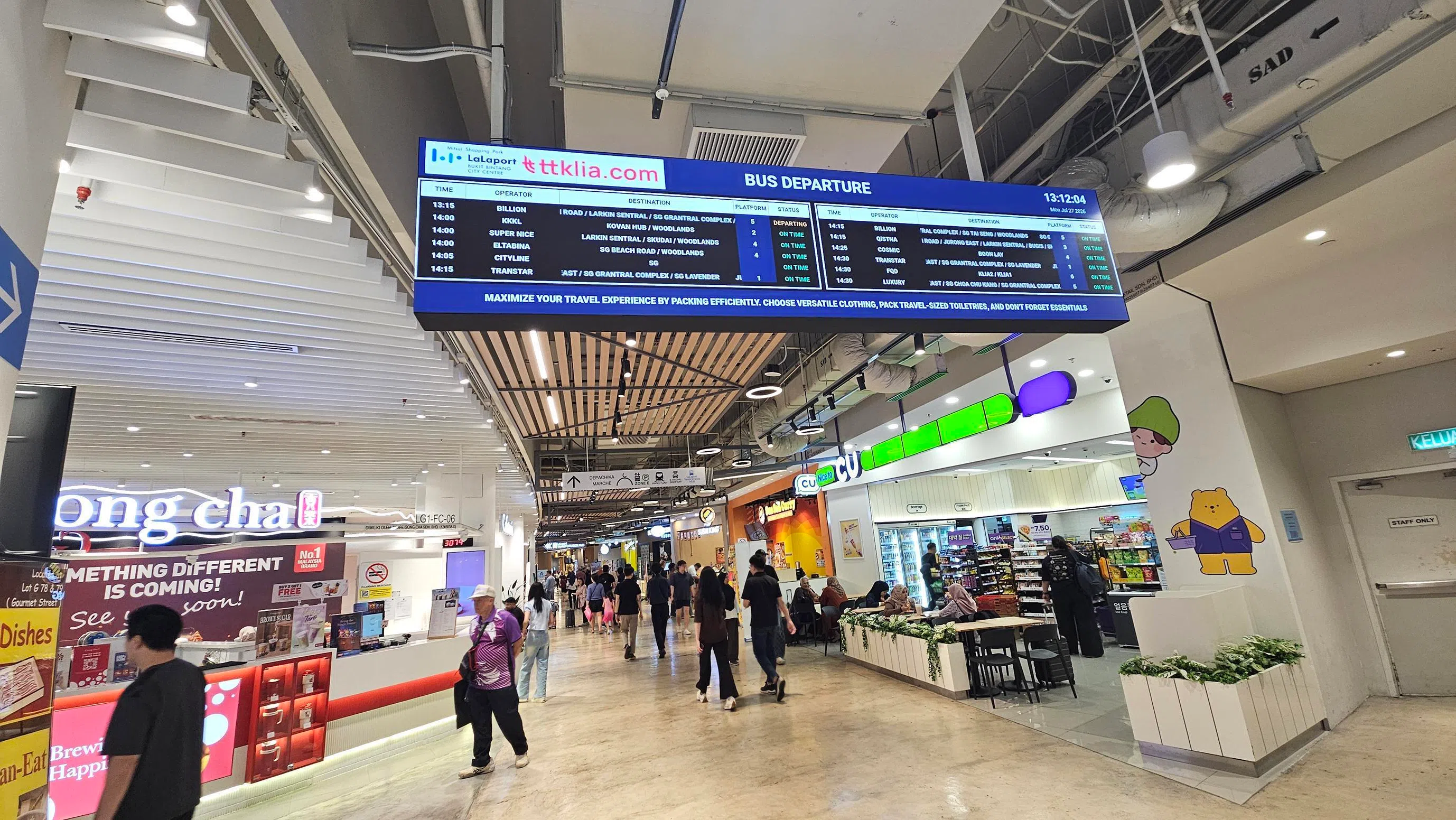 Digital passenger information displays, similar to those at airports, are installed throughout Lalaport Transportation Hub in Kuala Lumpur, Malaysia.