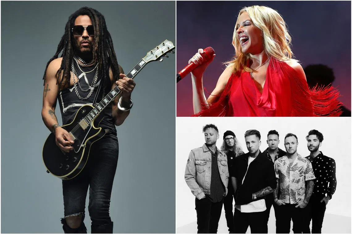 (Clockwise from left) American rocker Lenny Kravitz, Australian pop icon Kylie Minogue and American pop-rock band OneRepublic are set to perform at Singapore Grand Prix 2024.