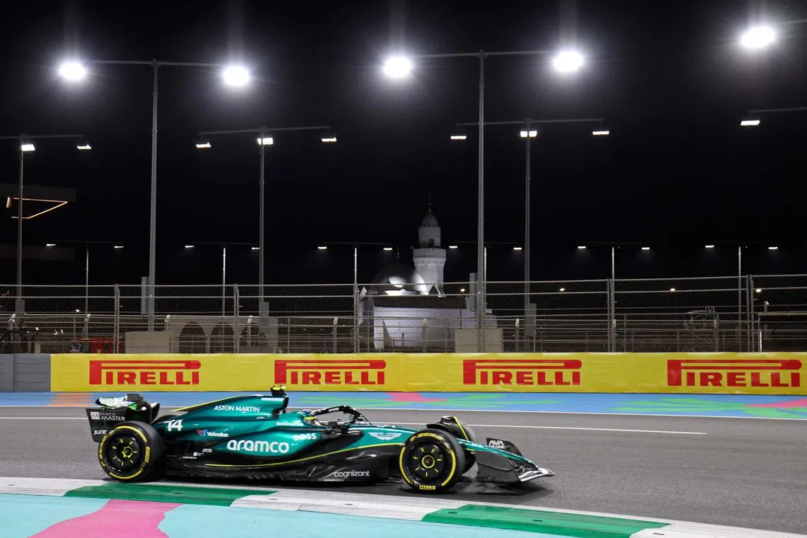 Aston Martin's Fernando Alonso drives during the second practice session, ahead of the Saudi Arabian grand prix.