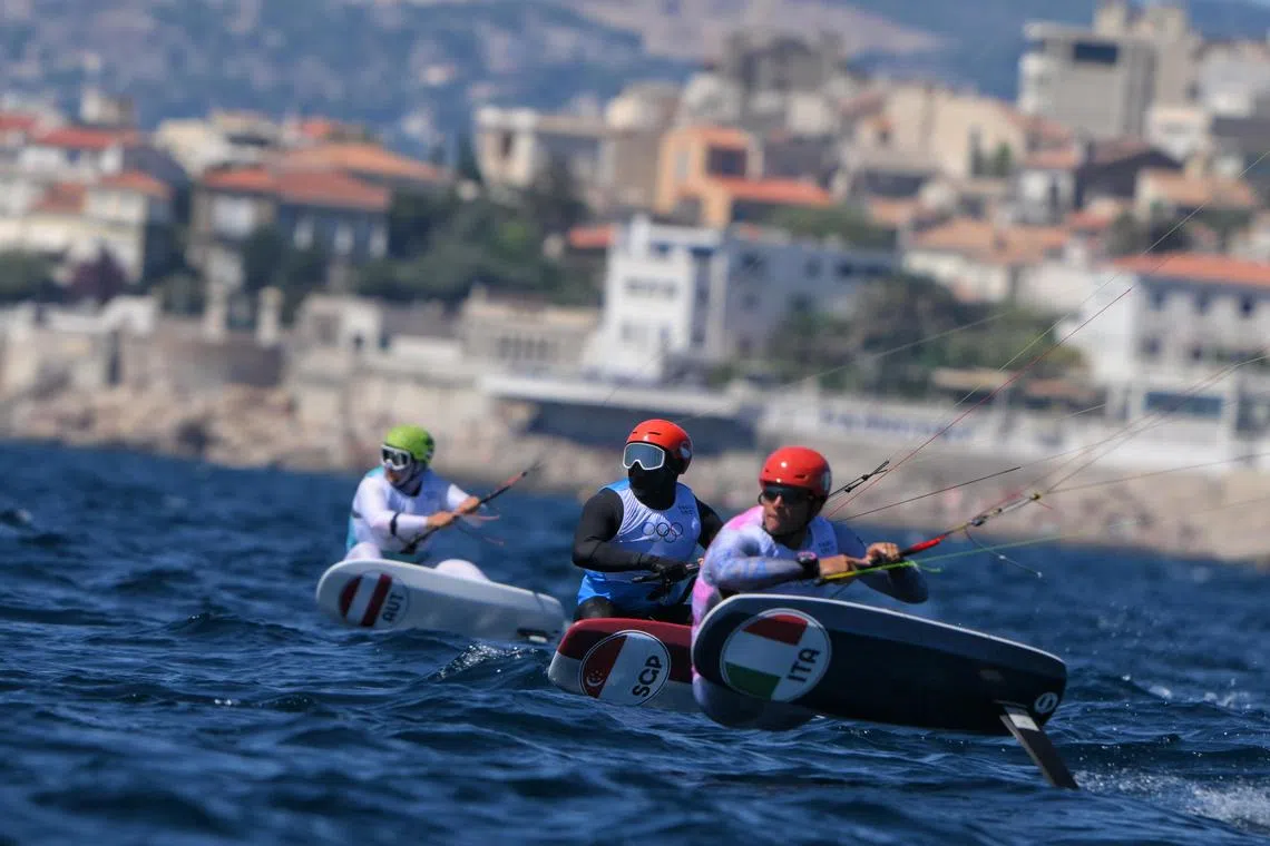 Maximilian Maeder (second from left) in action during race 3 of the Paris 2024 Olympics Men’s Kite final at the Marseille Marina on Aug 9.