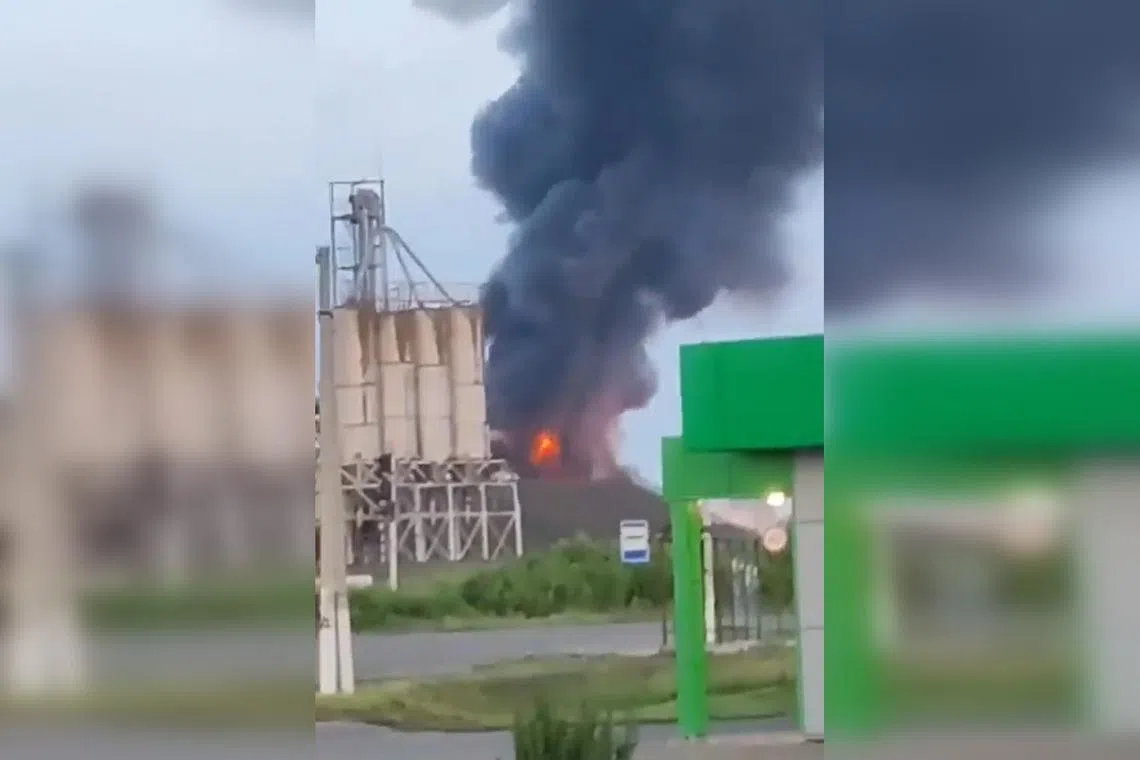 A drone was blamed by a Russian official for a fire at the Platonovskaya fuel depot, in Russia's Tambov region.