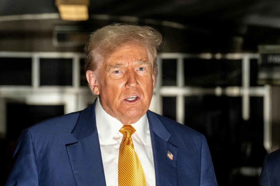 FILE PHOTO: Former US President Donald Trump speaks to members of the media at Manhattan criminal court in New York, US, on Thursday, May 2, 2024. Photographer: Jeenah Moon/Pool via REUTERS/File Photo