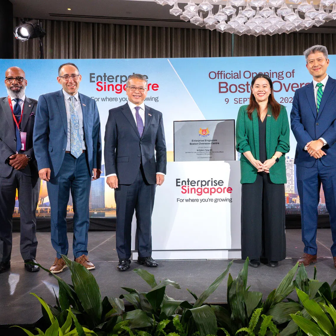(From left) Donald Wright, Boston interim chief, office of economic opportunity and inclusion; Eric Paley, Massachusetts Secretary of Economic Development; Edwin Tong, Singapore’s  Minister for Law and Second Minister for Home Affairs; Cindy Khoo, managing director of Enterprise Singapore; Yi-An Huang, Cambridge city manager; Lui Tuck Yew, Singapore’s Ambassador to the US; and James E. Rooney, president and chief executive of Greater Boston Chamber of Commerce, at the launch of Enterprise Singapore’s Boston Overseas Office.