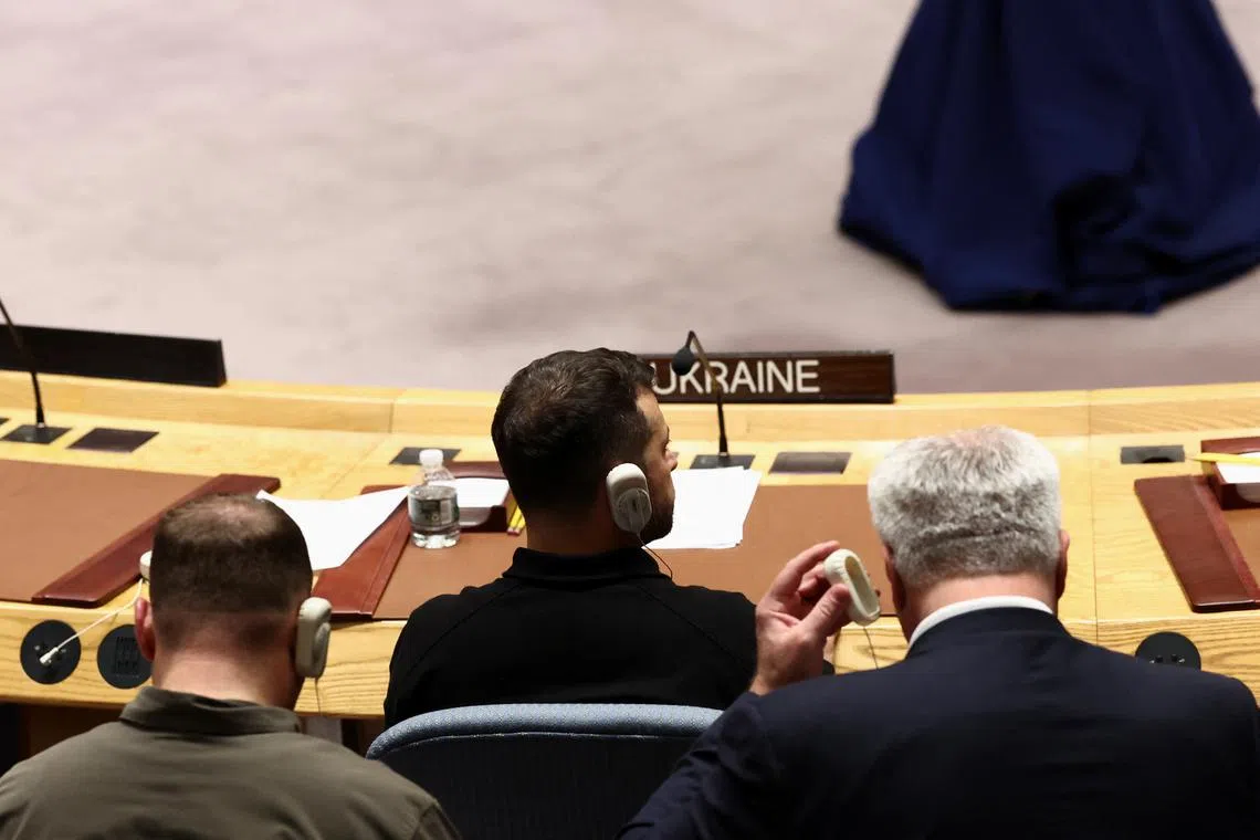 Ukrainian President Volodymyr Zelenskiy attends a UN Security Council meeting on Ukraine, on the sidelines of the 79th United Nations General Assembly at U.N. headquarters in New York, U.S., September 24, 2024.  REUTERS/Brendan McDermid
