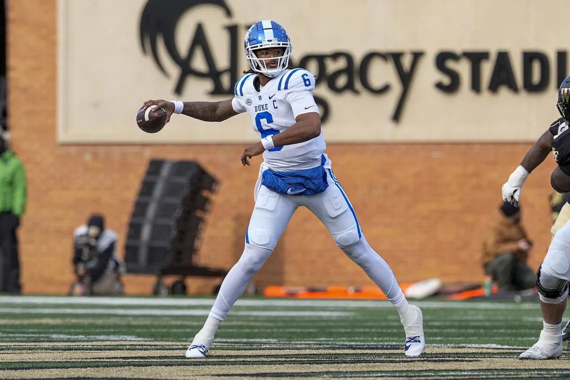 Nov 30, 2024; Winston-Salem, North Carolina, USA; Duke Blue Devils quarterback Maalik Murphy (6) throws a pass against the Wake Forest Demon Deacons during the second half at Allegacy Federal Credit Union Stadium. Jim Dedmon-Imagn Images/File Photo