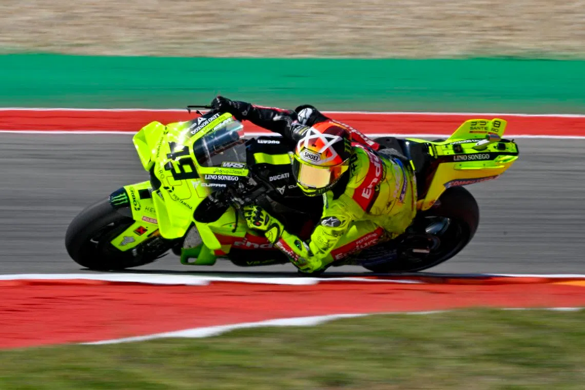 Mar 27, 2026; Austin, TX, USA; Team VR46 Fabio di Giannantonio (49) rides during practice for the 2026 MotoGP Red Bull Grand Prix of the Americas at Circuit of The Americas Austin. Mandatory Credit: Jerome Miron-Imagn Images