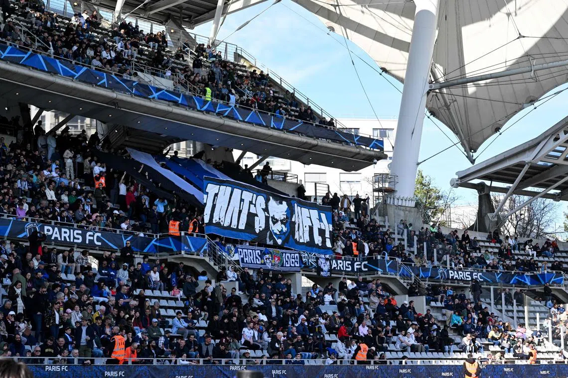 Paris FC fan at the Ligue 2 football match against Lorient at the Charlety Stadium in Paris on March 8, 2025. French Interior Minister Bruno Retailleau will "propose to the Prime Minister" the dissolution of Légion X, a group of ultras supporters of Paris FC, the Interior Ministry announced in a statement on April 1, 2025.