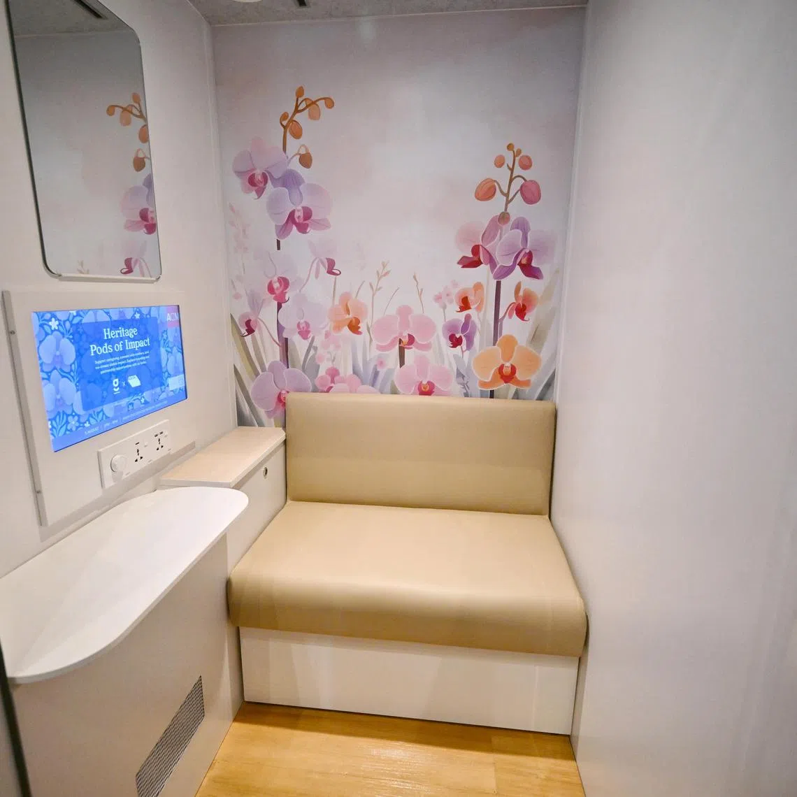 Interior of the heritage-themed pods by maternal care social enterprise Go!Mama, in partnership with Temasek Foundation and the National Volunteer and Philanthropy Centre (NVPC), at Asian Civilisations Museum on Aug 5, 2025.