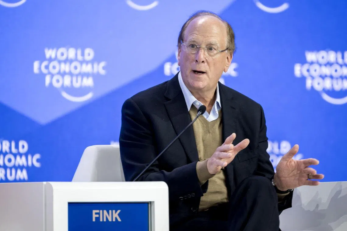 BlackRock chairman and CEO Larry Fink gestures as he addresses the audience, during the annual meeting of the World Economic Forum (WEF) in the Alpine resort of Davos on January 24, 2025. (Photo by Fabrice COFFRINI / AFP)