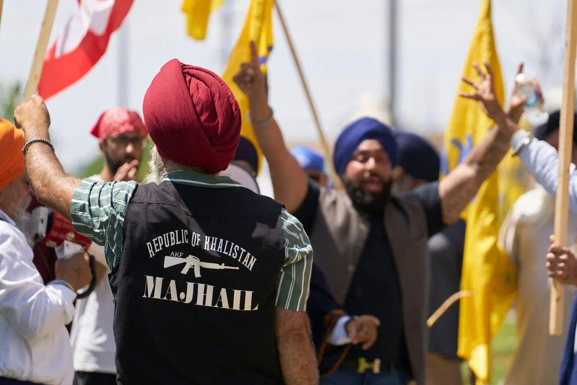Sikhs protest for the independence of Khalistan in front of the Indian Consulate in Toronto, Canada, on July 8.
