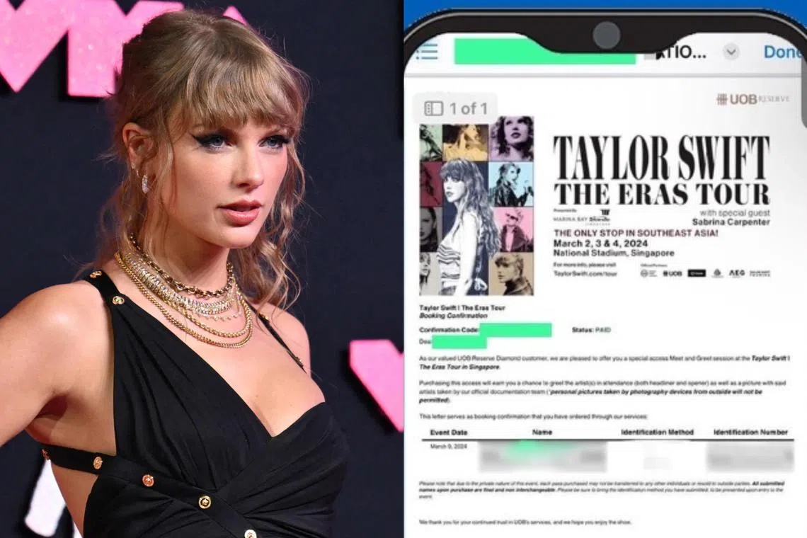 UOB's alert warns against a fake invitation to a meet-and-greet session with American pop star Taylor Swift when she is in town for The Eras Tour.
