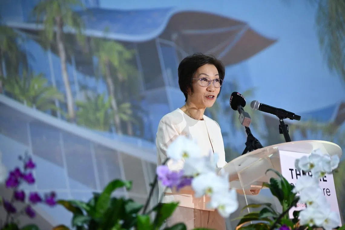 Minister for Sustainability and the Environment Grace Fu speaking at the groundbreaking ceremony of Therme Singapore on June 19.
