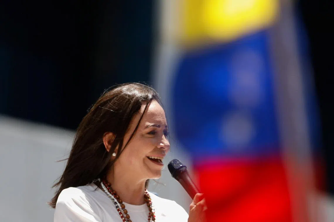 FILE PHOTO: Venezuelan opposition leader Maria Corina Machado speaks during a protest against the election results announced by President Nicolas Maduro's government after he was declared winner of the election, in Caracas, Venezuela August 28, 2024. REUTERS/Leonardo Fernandez Viloria/File Photo
