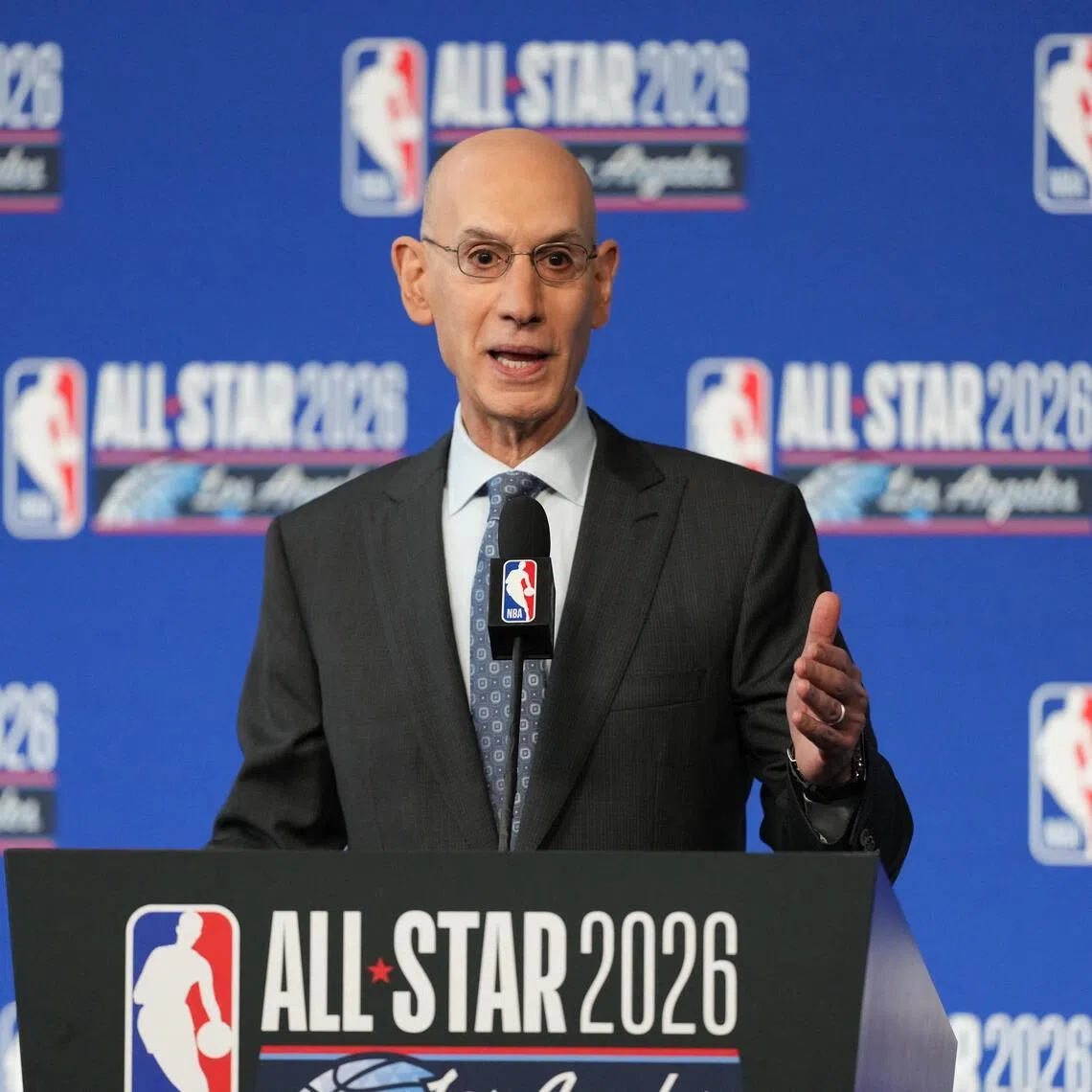 NBA commissioner Adam Silver speaking to the media during a press conference before the 2026 NBA All-Star Saturday Night at Intuit Dome in Los Angeles on Feb 14.