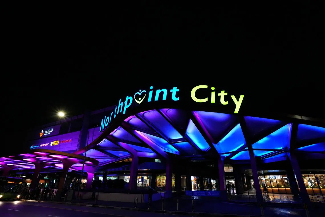 Northpoint City in Yishun and Century Square in Tampines were bathed in purple light on Sept 21, 2023. The two heartland malls joined several other iconic buildings around Singapore in the #ShineForDementia initiative to
mark World Alzheimer’s Day. 
