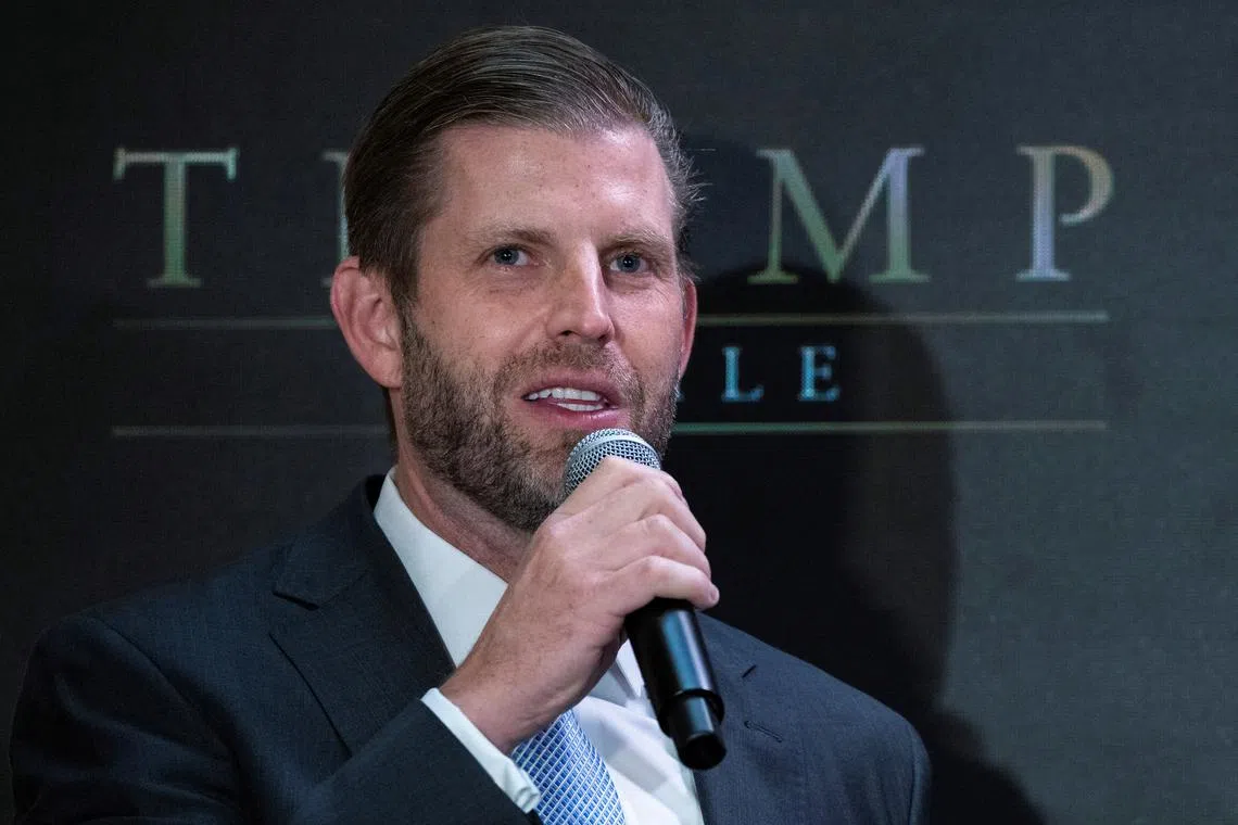 FILE PHOTO: Eric Trump speaks to media at Trump Tower in New York City, U.S., June 16, 2025. REUTERS/Eduardo Munoz/File Photo