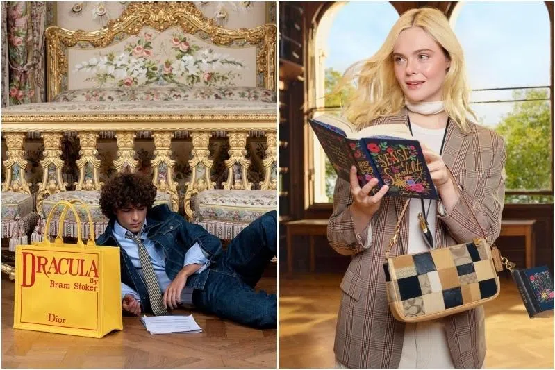 SS26 New Dior Book Tote – Dracula by Bram Stoker (left) and Elle Fanning in Coach's Explore Your Story campaign.