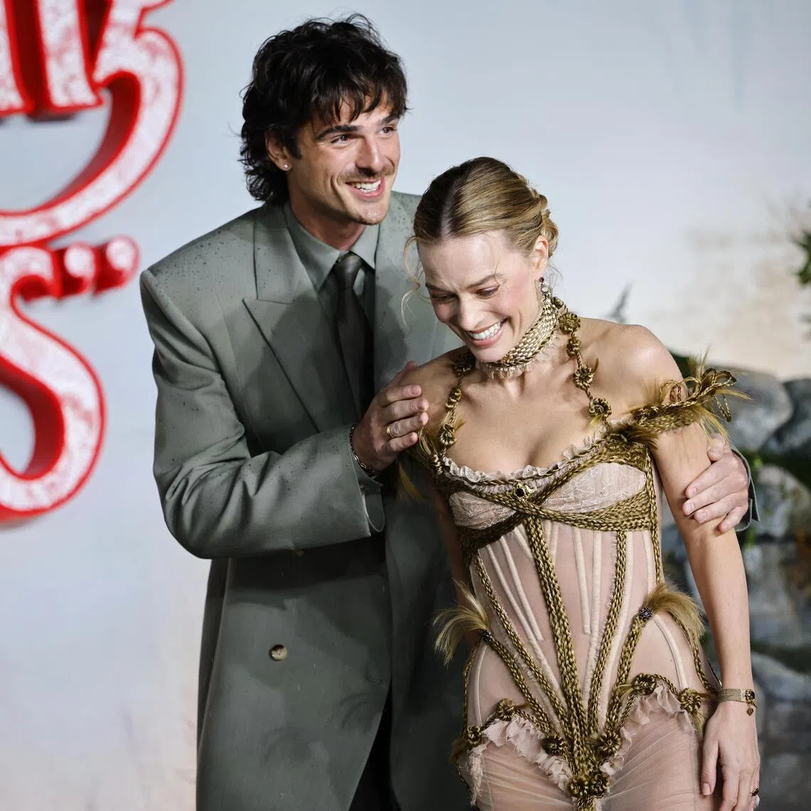 Jacob Elordi (left) and Margot Robbie at the premiere of Wuthering Heights in London on Feb 5, 2026.  