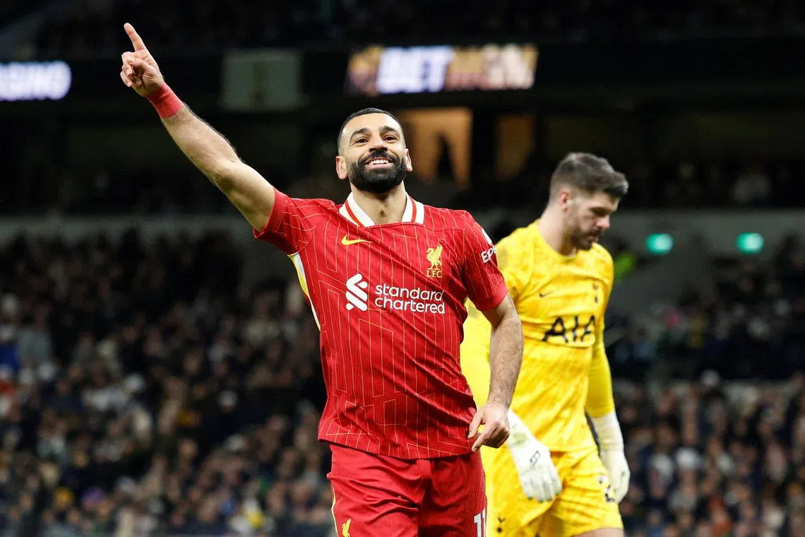Liverpool's Mohamed Salah celebrates after scoring their fifth goal in the 6-3 win over Tottenham Hotspur on Dec 22.