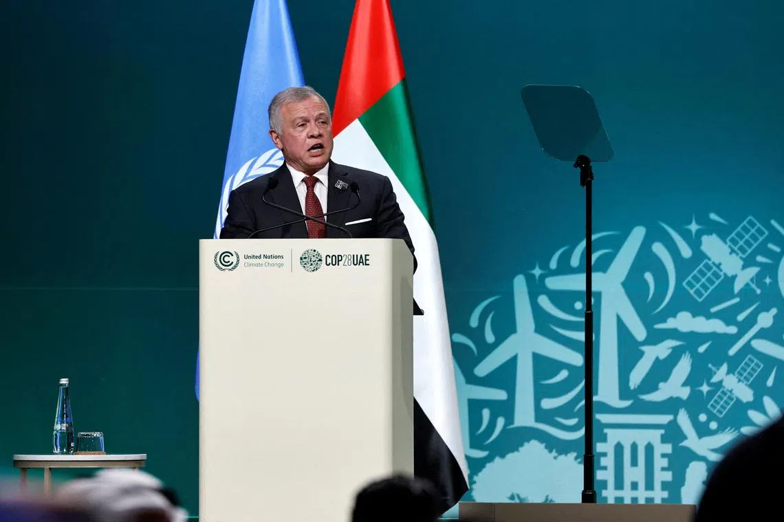 FILE PHOTO: Jordan's King Abdullah II delivers a national statement at the World Climate Action Summit during the United Nations Climate Change Conference (COP28) in Dubai, United Arab Emirates, December 1, 2023. REUTERS/Thaier Al Sudani/File Photo