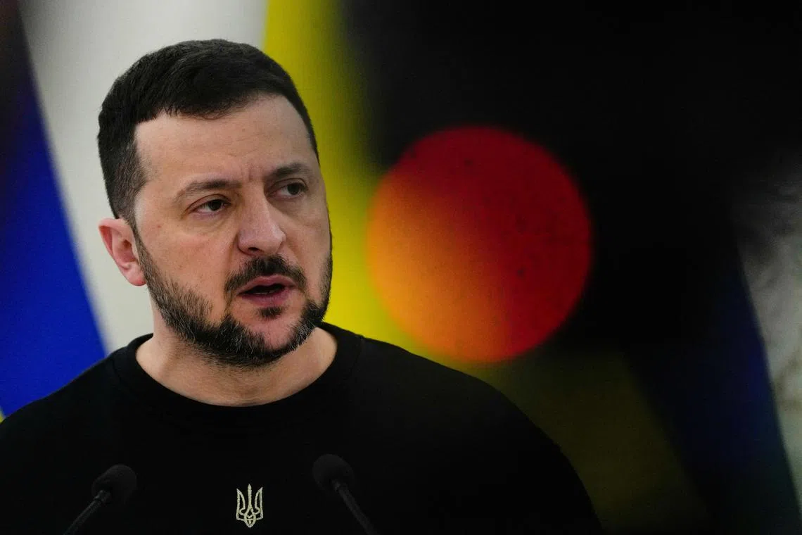 FILE PHOTO: Ukraine's President Volodymyr Zelenskiy speaks during a press conference in Vilnius, Lithuania January 10, 2024. REUTERS/Ints Kalnins/File Photo