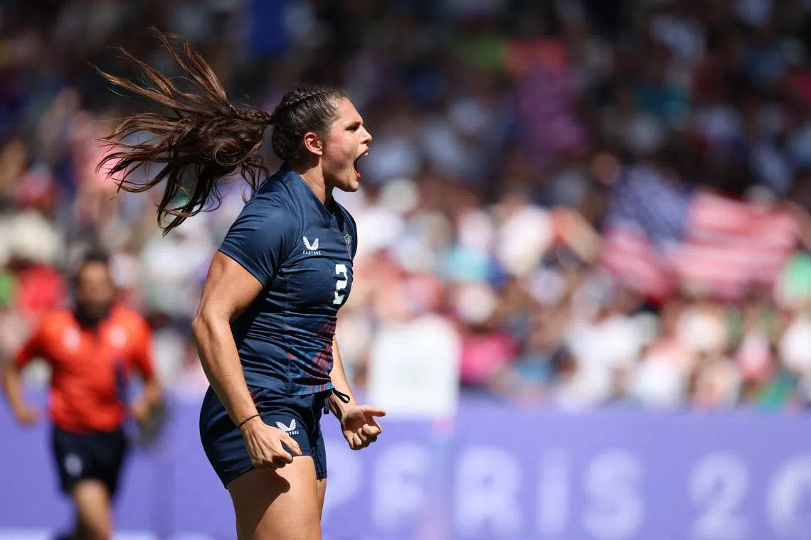 Paris 2024 Olympics - Rugby Sevens - Women's Pool C - France vs United States of America - Stade de France, Saint-Denis, France - July 29, 2024. Ilona Maher of United States celebrates after scoring a try. REUTERS/Phil Noble/ File Photo