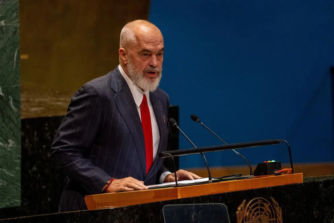 FILE PHOTO: Prime Minister of Albania Edi Rama addresses the \"Summit of the Future\" in the General Assembly Hall at United Nations Headquarters in New York City, U.S., September 22, 2024. REUTERS/David Dee Delgado/File Photo